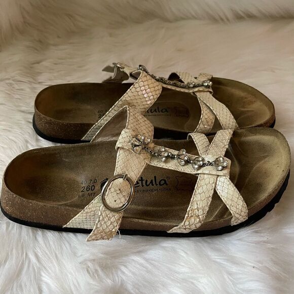 Bertula Birkenstock beige reptile prints sandals with rhinestones accents SZ40 - Picture 11 of 11